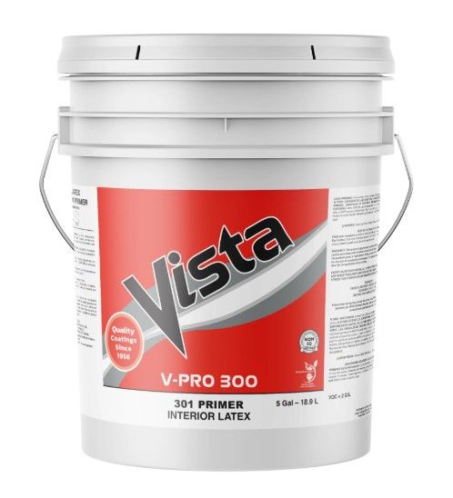 White paint bucket labeled Vista V-Pro 300 with red and gray front label and metal handle