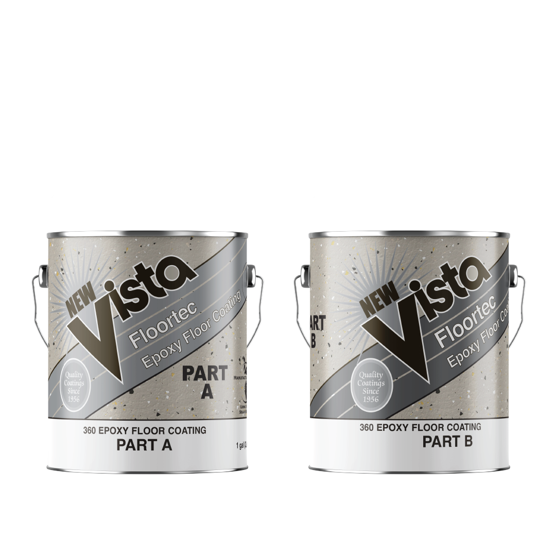 Two silver Vistosa flooring epoxy cans, labeled Part A and Part B, side by side on white background