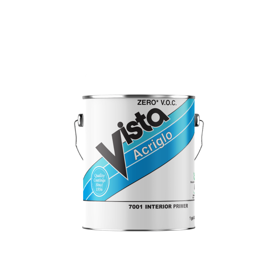 White paint can labeled “Vista Acrílico” with blue diagonal design and metal handle.