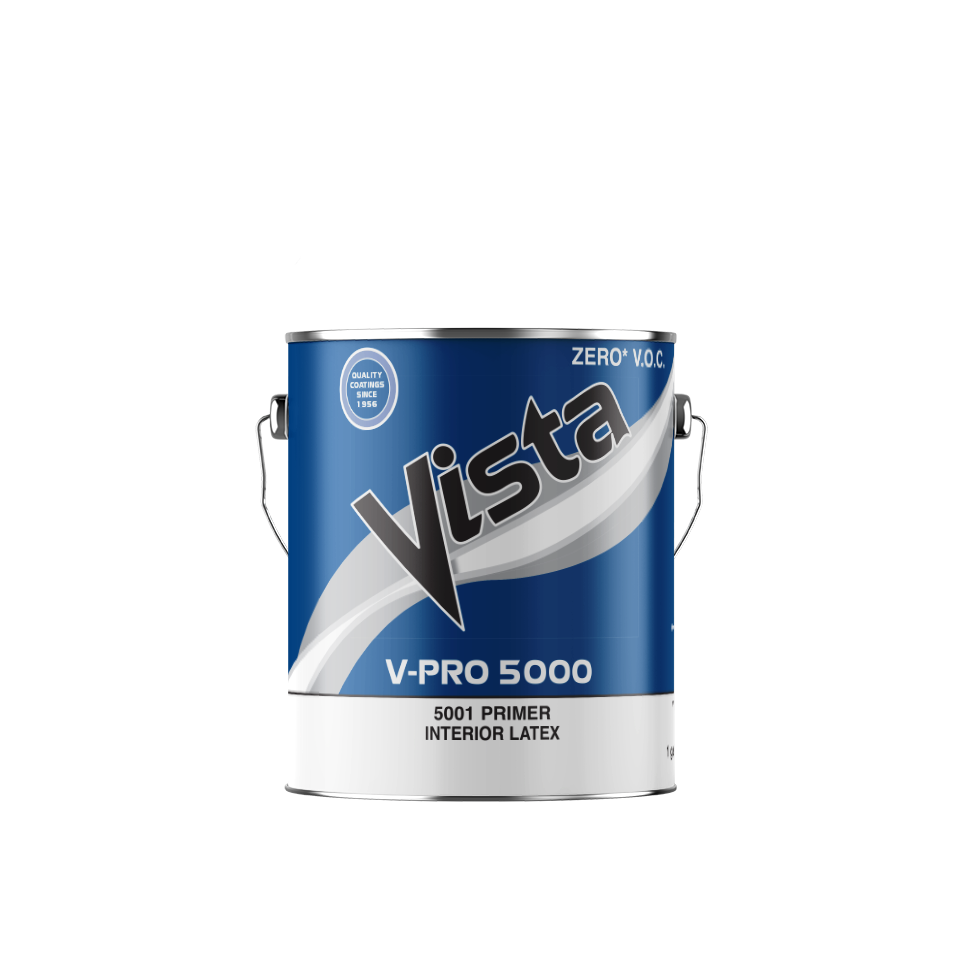 Blue and white Vista V-Pro 5000 interior latex paint can with silver handles