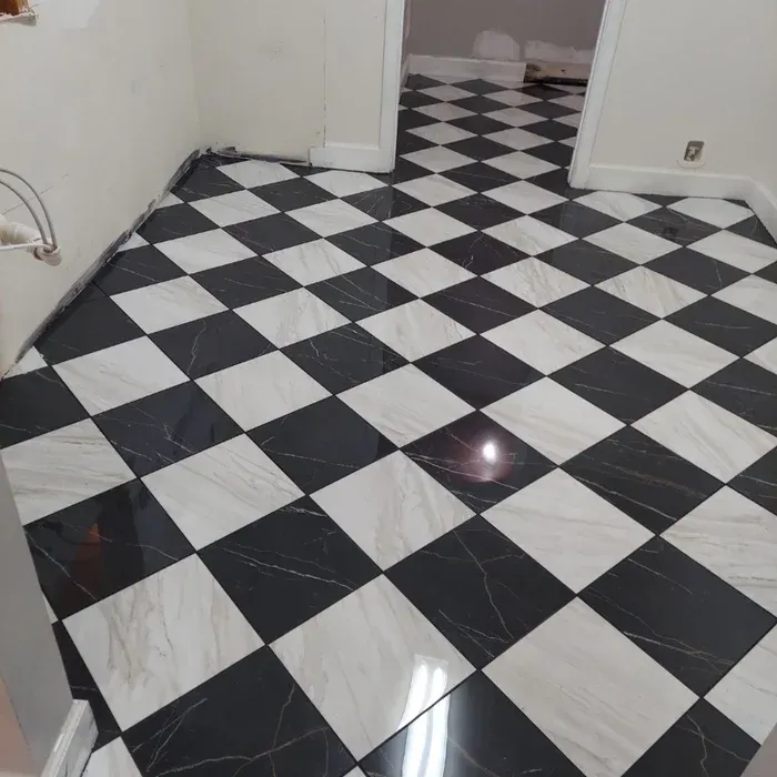 Black and white checkered marble floor.