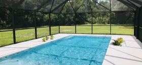 A rectangular pool enclosed by a screen. A lush green lawn and trees are beyond the screen.