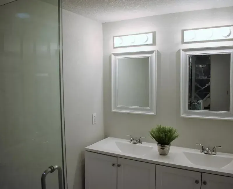 Bathroom with white cabinetry, two sinks, mirrors, and a potted plant. Glass shower on the left.