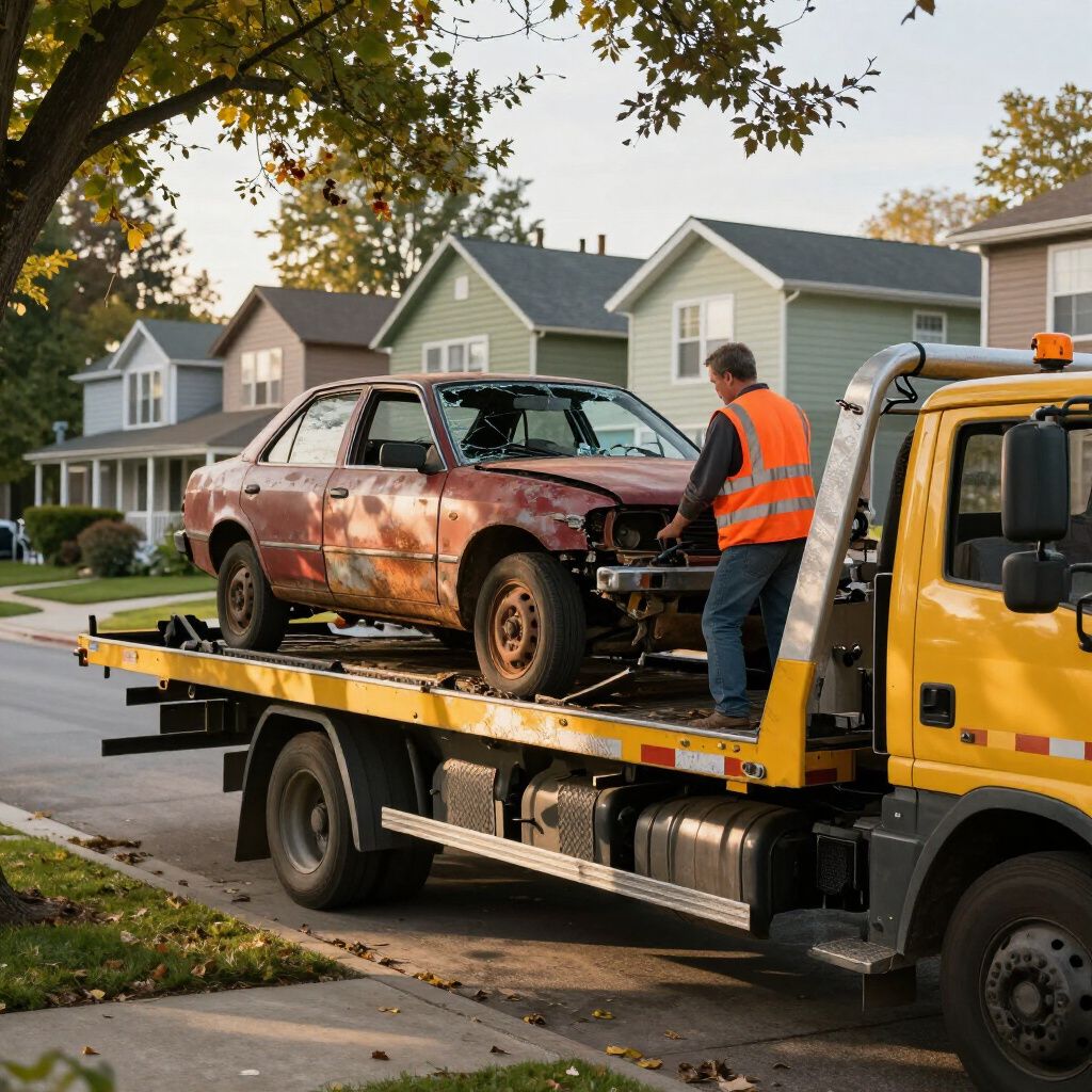 Tow truck loading a rusted car on a suburban street. A worker in an orange vest secures the car.