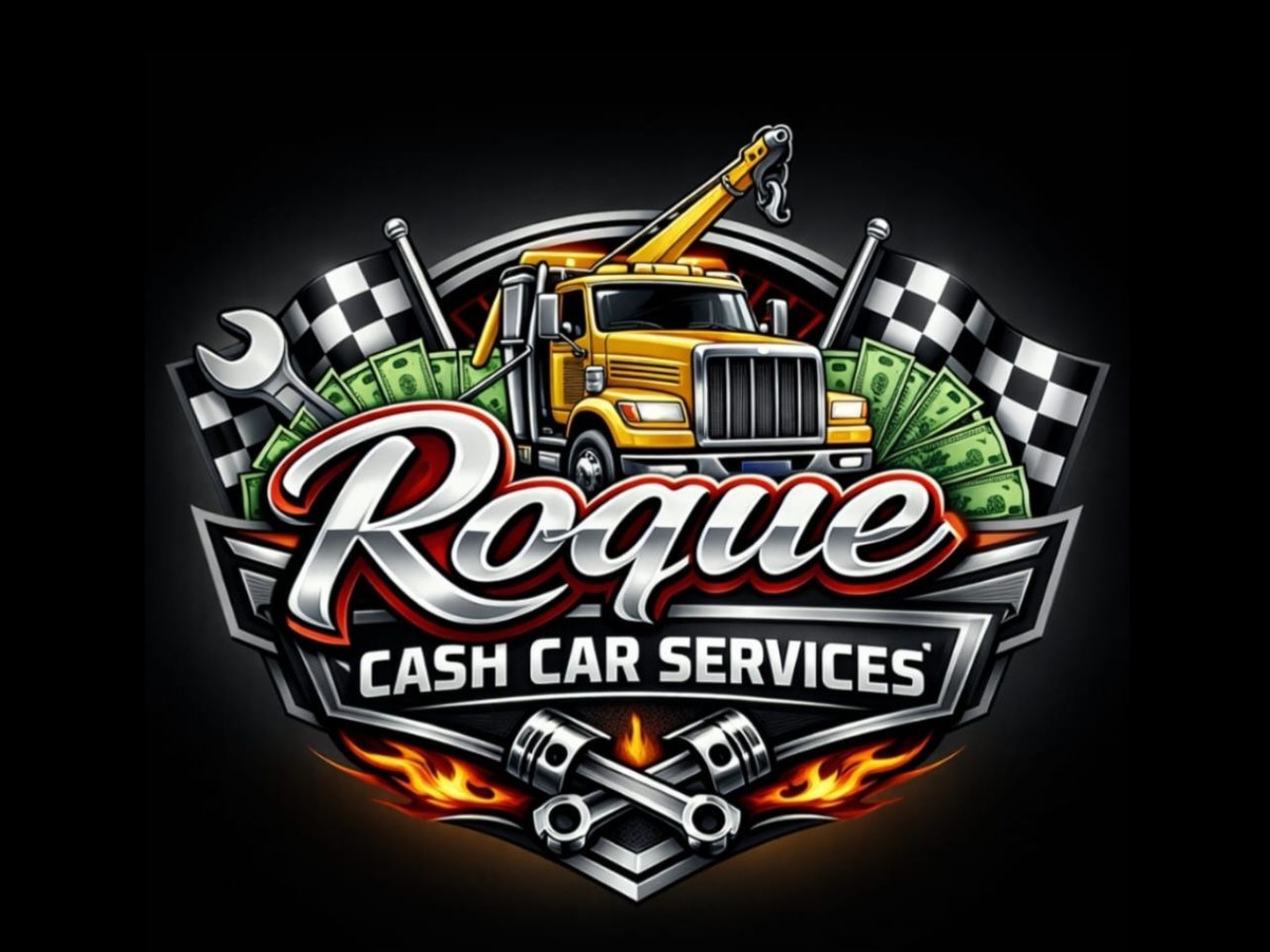 Logo for Rogue Cash Car Services, features a tow truck, cash, wrench, checkered flags, and flames.