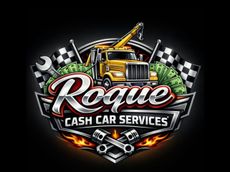 Logo for Rogue Cash Car Services: a tow truck with money and race flags, set against a metallic emblem.