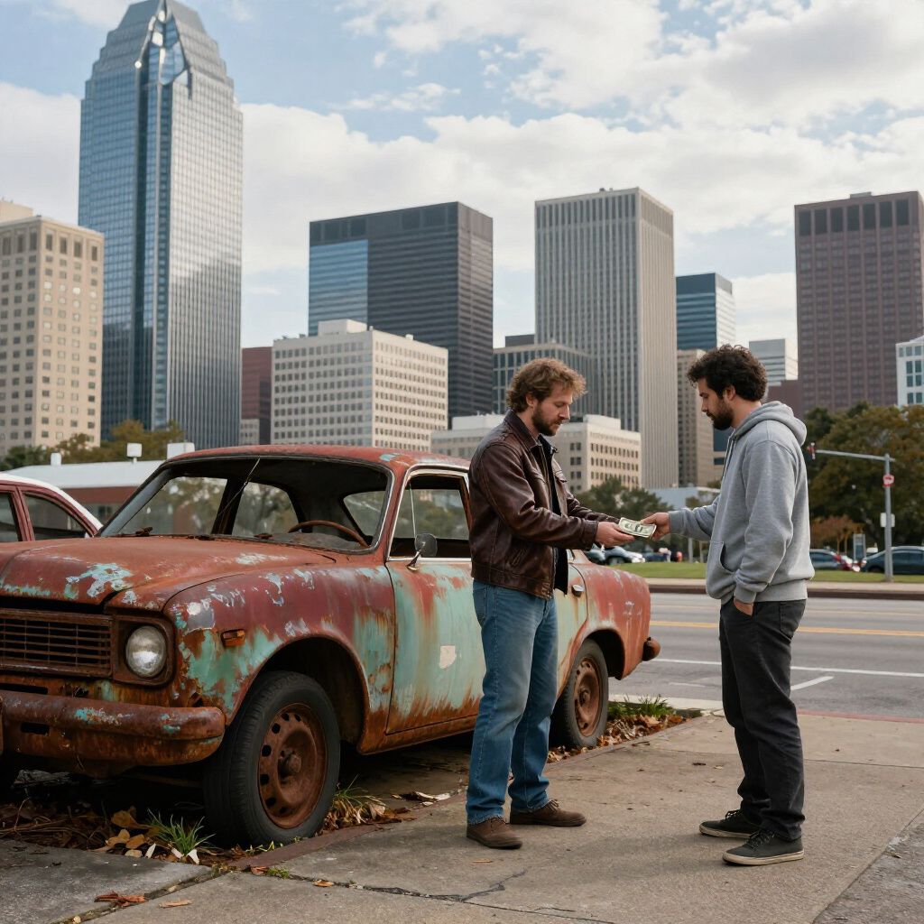 Two men exchange money next to a rusty car in a city with skyscrapers. One wears a brown jacket, the other a hoodie.