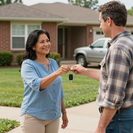 Woman handing car keys to a man outside a house, smiling.