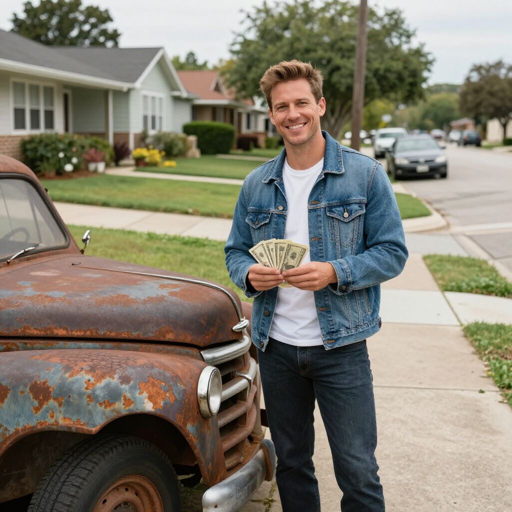 Man holding cash near rusty vintage car, smiling in a suburban neighborhood.