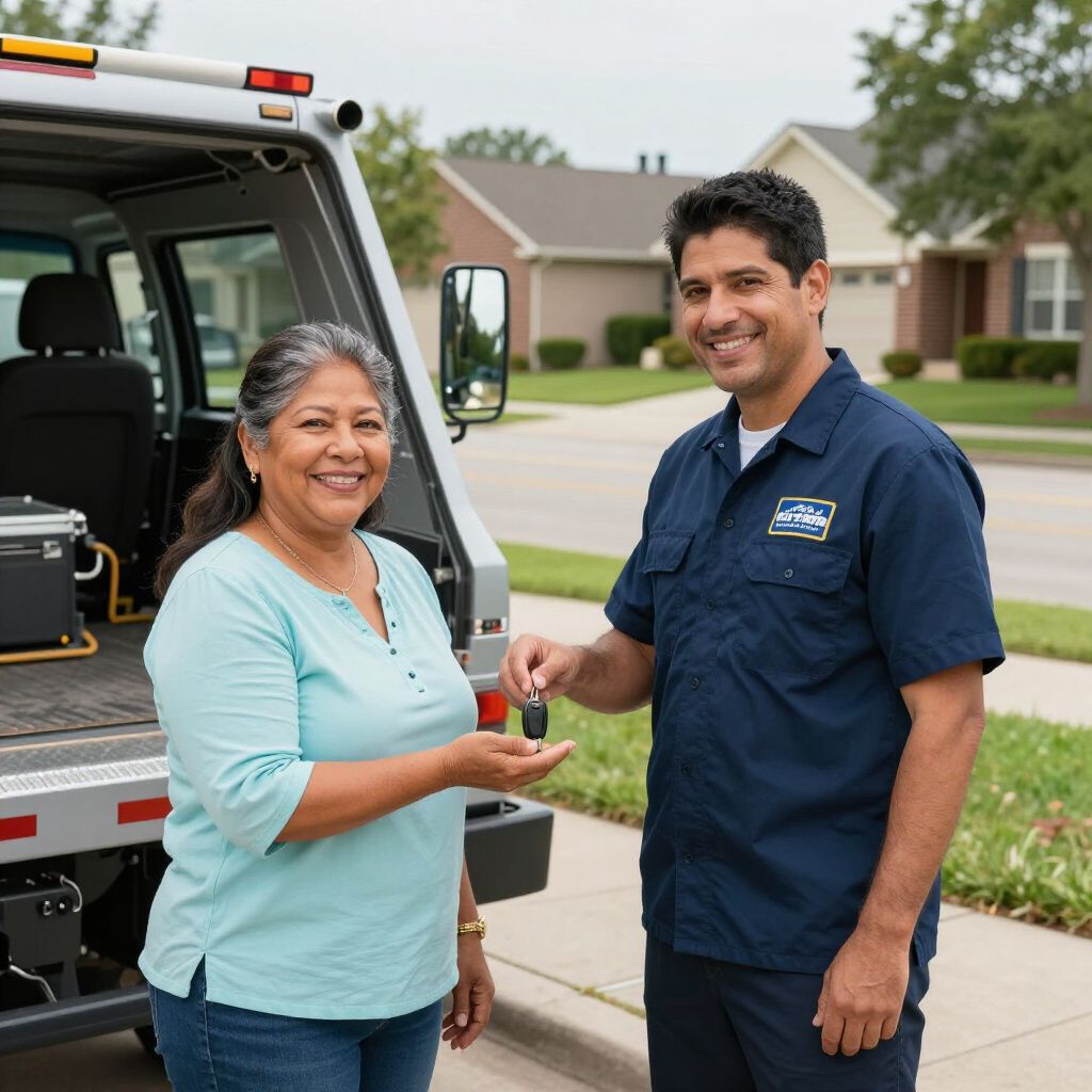 Smiling woman receiving car keys from a tow truck driver; outdoors, residential setting.