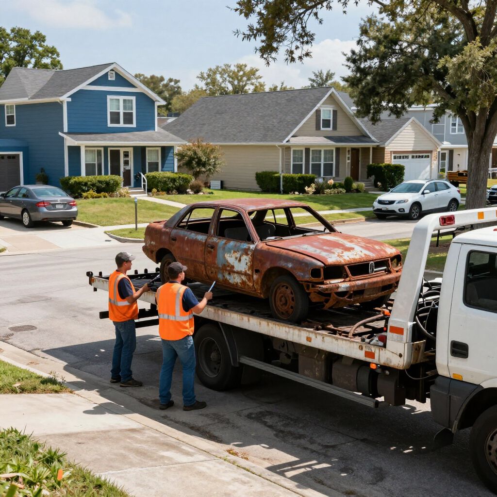 Two workers load a severely rusted car onto a tow truck in a suburban neighborhood.