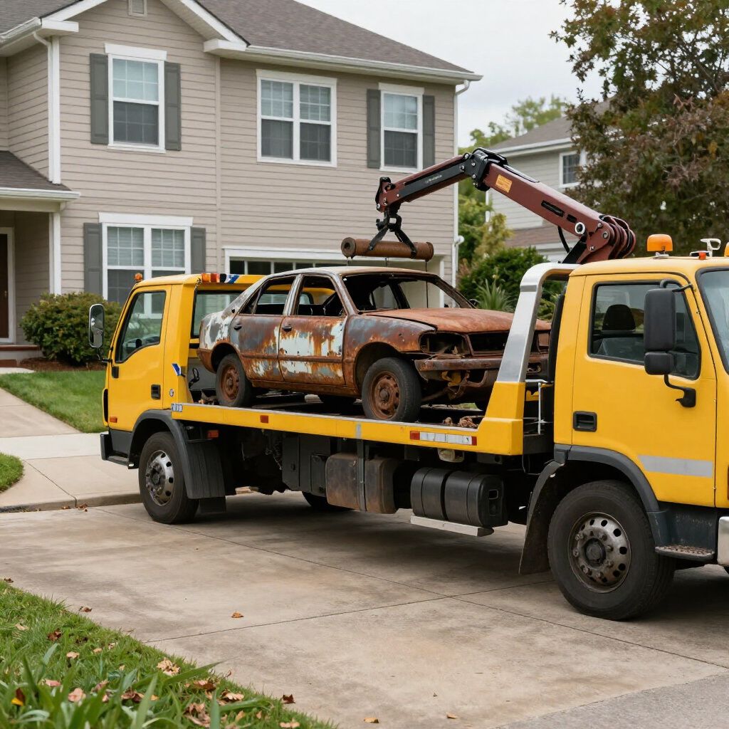 Yellow tow truck carrying a heavily rusted car in front of a house.