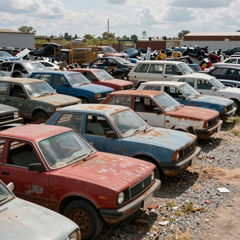 Junkyard filled with rows of old, rusty cars in various colors under a cloudy sky.