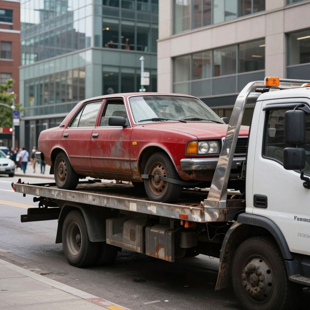 Red, rusty car on a tow truck, parked on city street with pedestrians and buildings in the background.