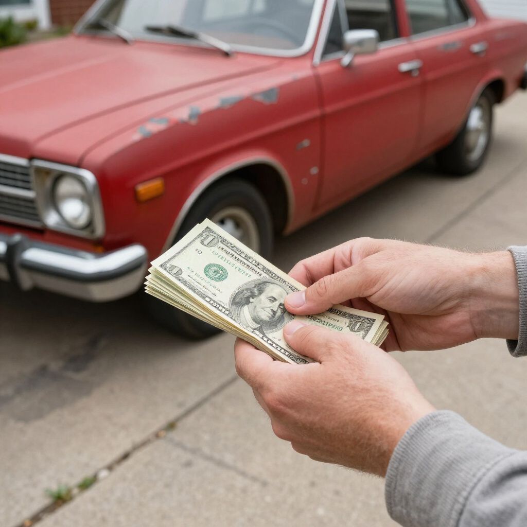 Person holding cash next to a red car, likely making a purchase.