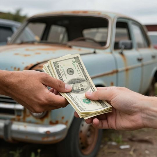 Hands exchanging cash in front of a rusty car.