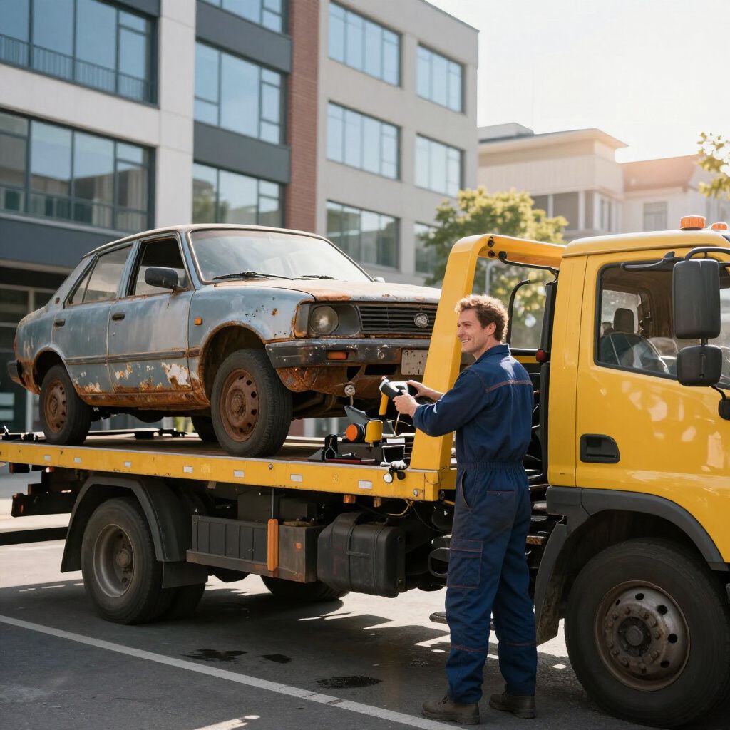 Tow truck operator loading a rusted car onto a flatbed, building in background.