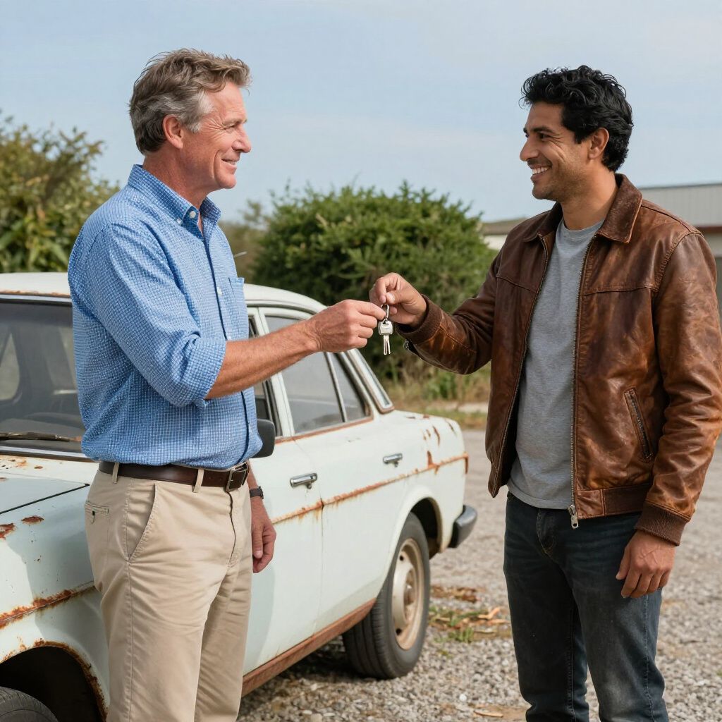 Man handing car keys to another man beside an old, rusty white car.