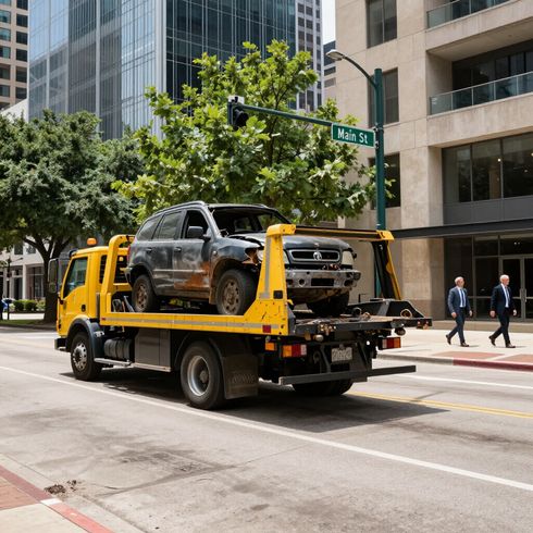 A yellow tow truck carries a heavily damaged SUV down a city street, two men walk nearby.