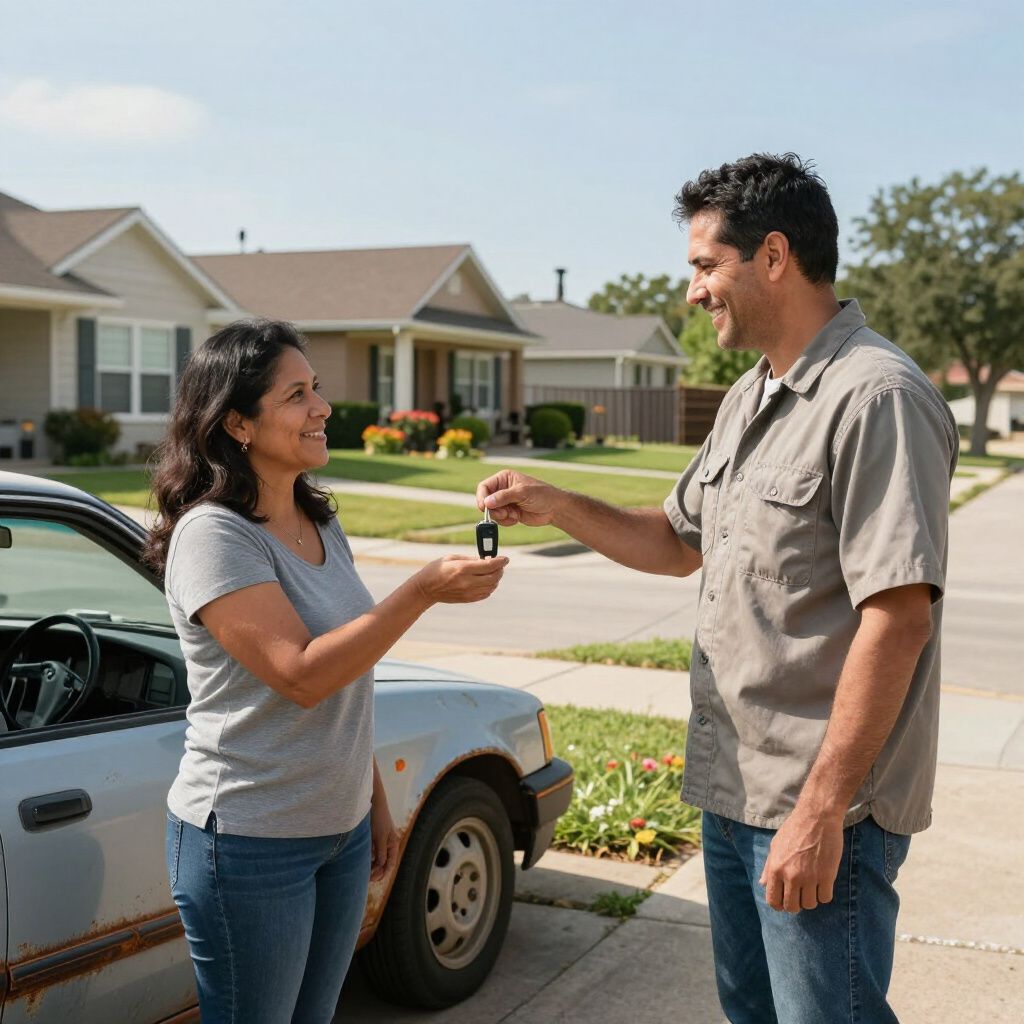 Man handing car keys to woman next to a silver car in a suburban neighborhood.
