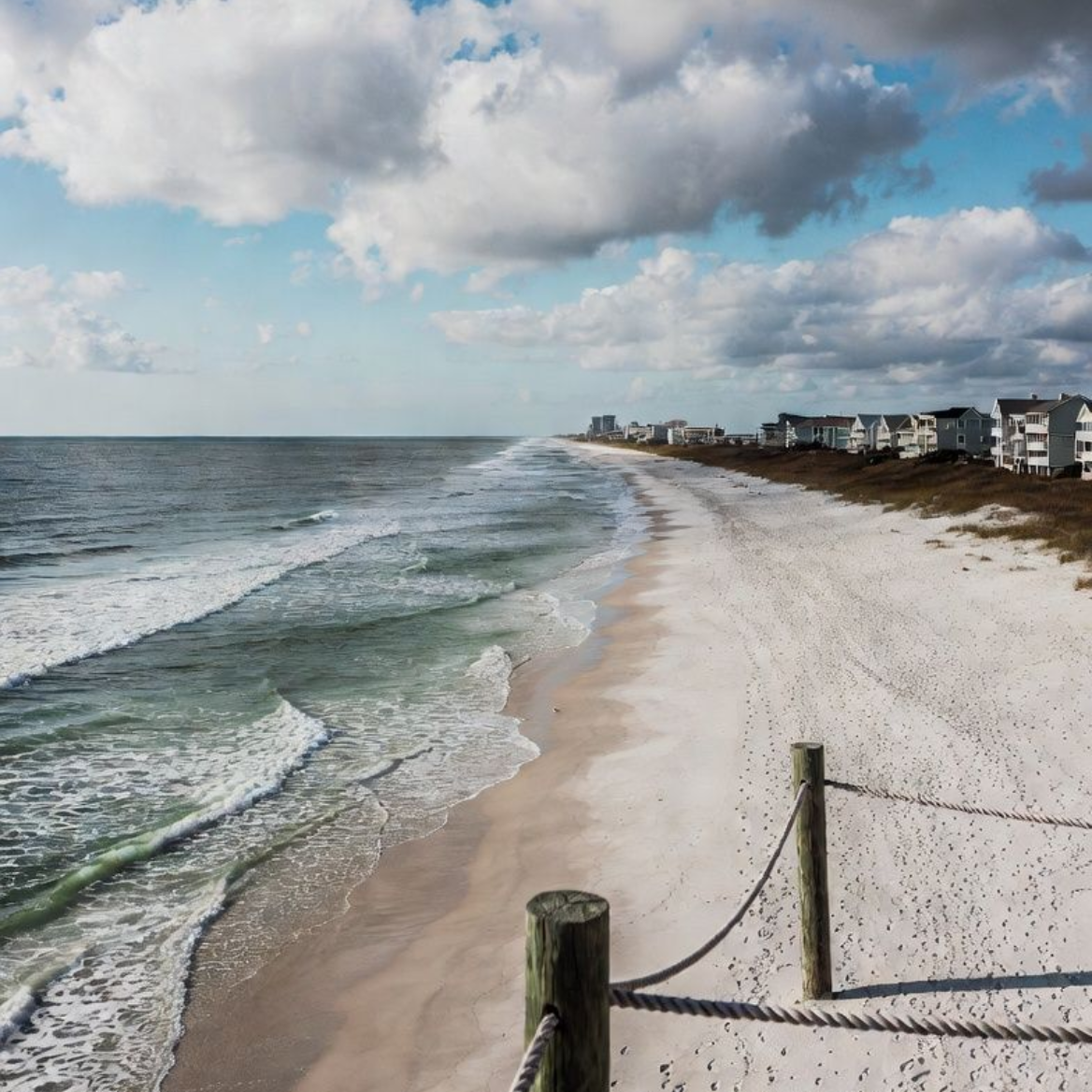 Beach with white sand, blue water, and buildings on the horizon under a cloudy sky.