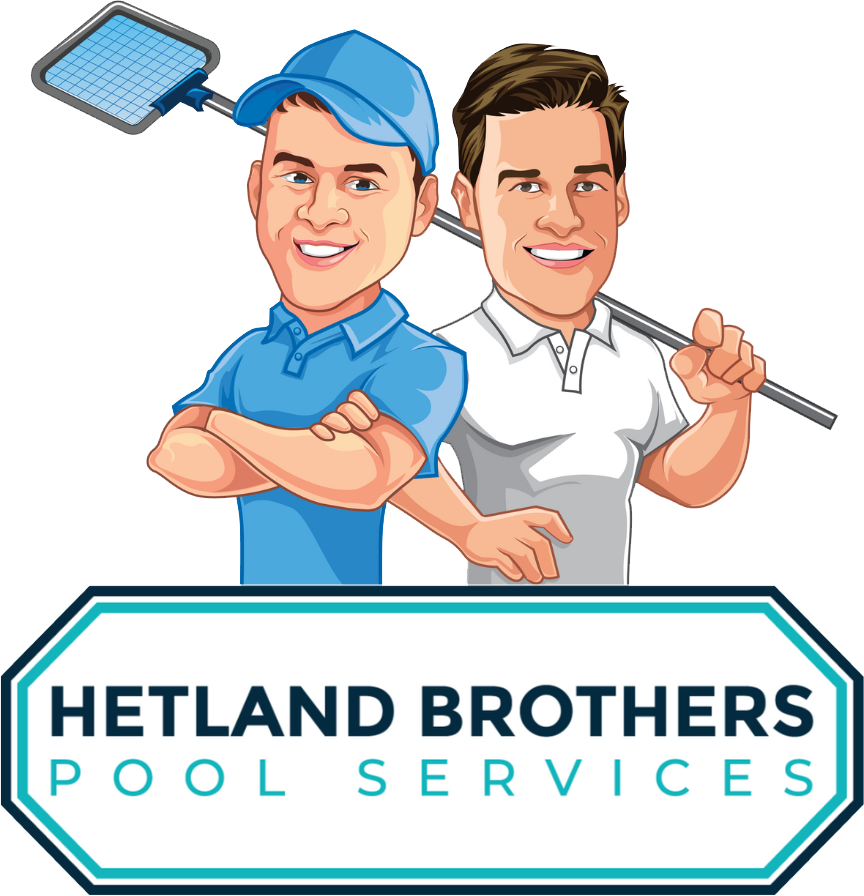 The logo for hetland brothers pool services shows two men standing next to each other.