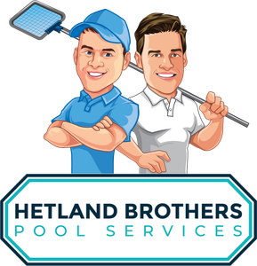 The logo for hetland brothers pool services shows two men standing next to each other.