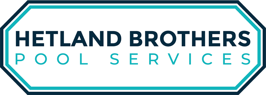 The logo for hetland brothers pool services is blue and white.