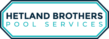 The logo for hetland brothers pool services is blue and white.