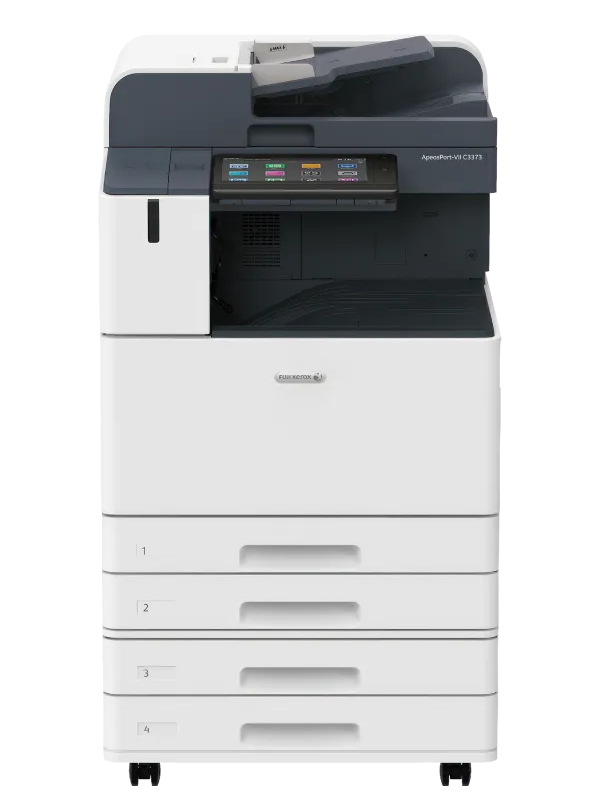 A black and white printer with drawers on a white background.