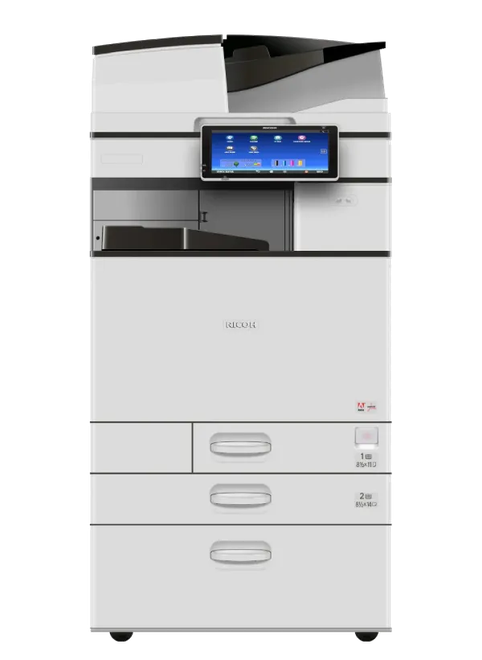 A white printer with a blue screen on top of it on a white background.