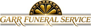 Garr Funeral Service logo with gold decorative elements and text.