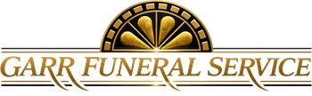 Garr Funeral Service logo with gold decorative elements and text.