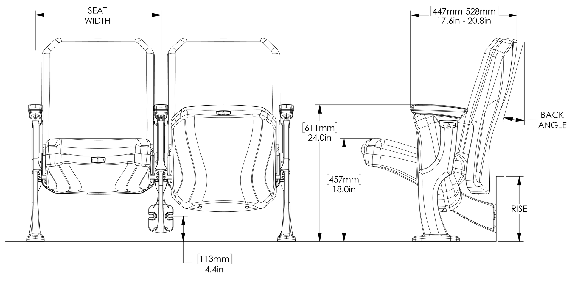 Black and White tech drawing of Interkal ODYSSEY Auditorium Chair
