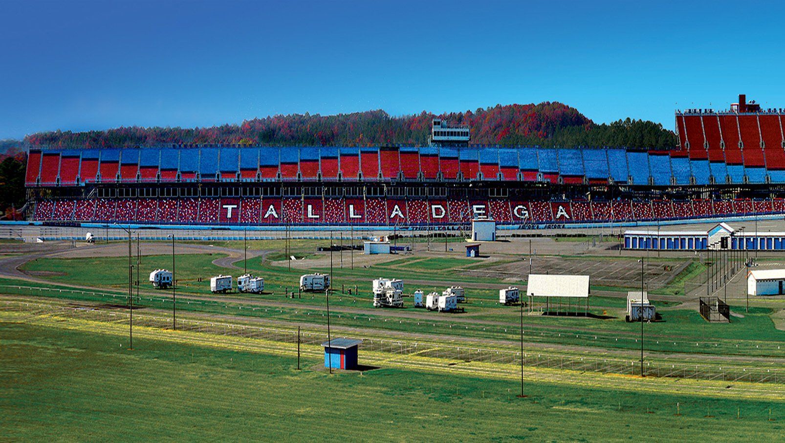 Interkal AURA Solid Stadium Chairs in red, white, blue and black at the iconic Talladega Superspeedway.