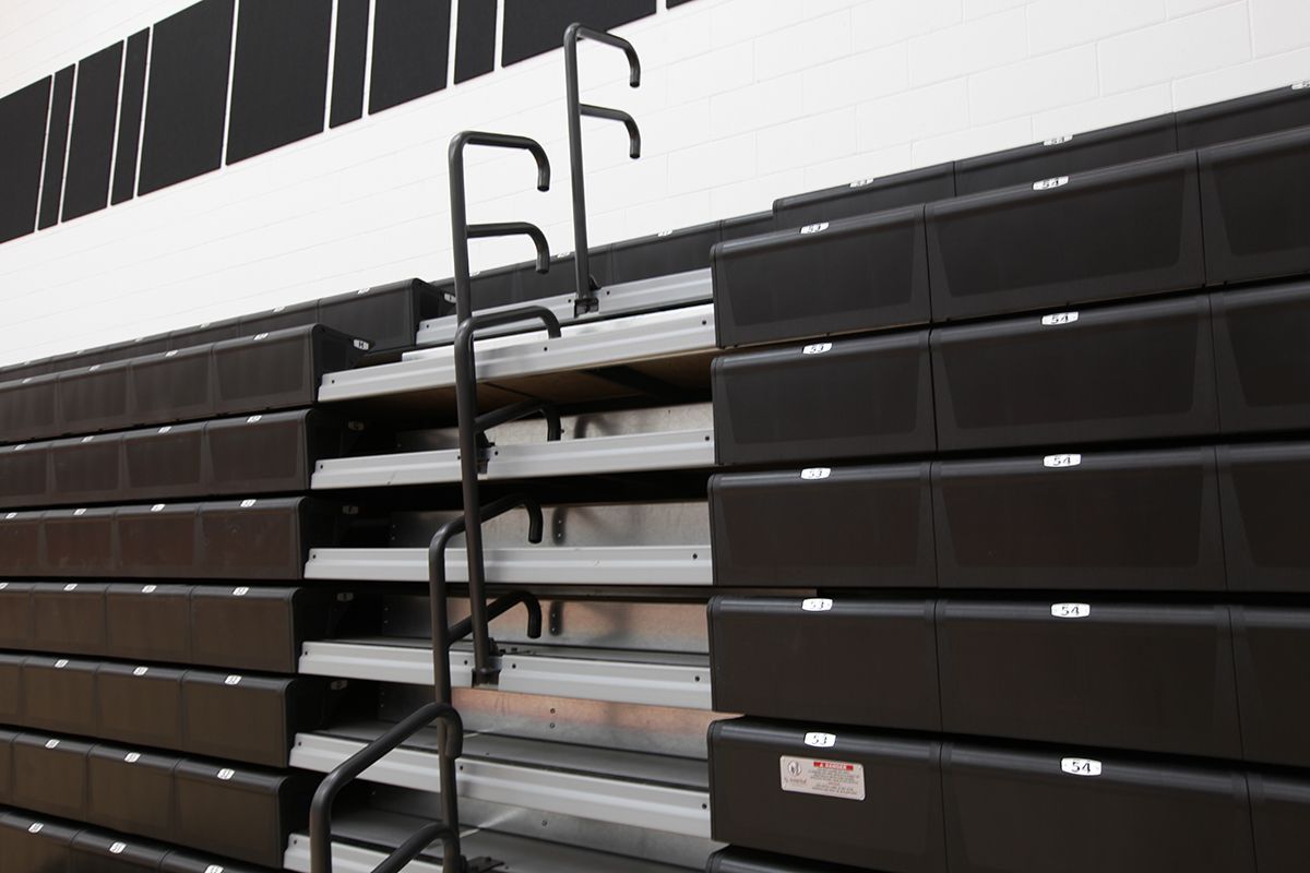 Interkal EXCEL Seat Modules with ComfoBack Backrests on a Wide Deck Premier Platform at the Ferris State University gym.