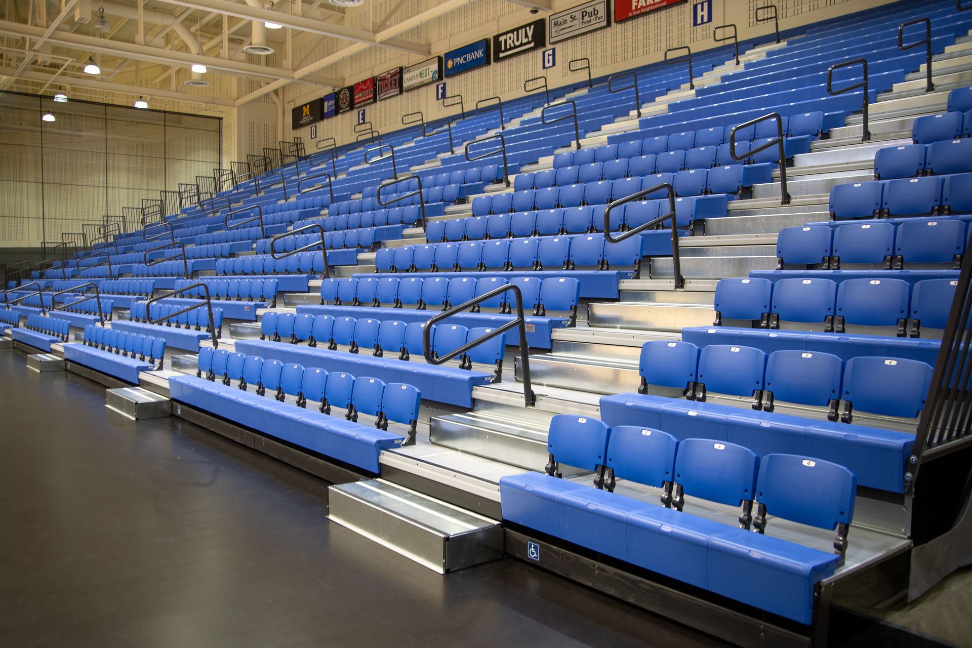 Royal Blue ESM bleachers with ComfoBack Backrest at Grand Valley State University