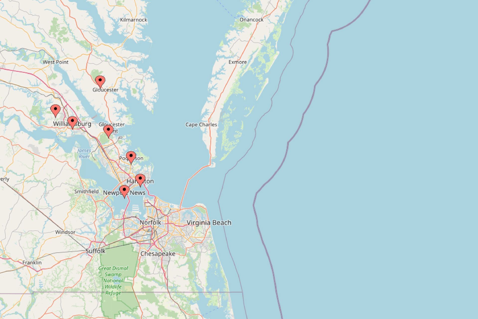 Map with red location markers around Virginia Map with red location markers around Virginia