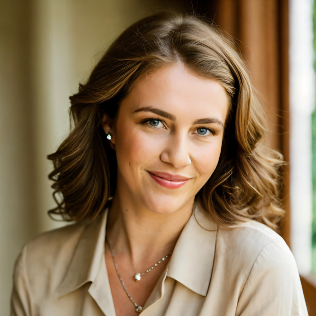 A woman wearing a necklace and earrings is smiling for the camera