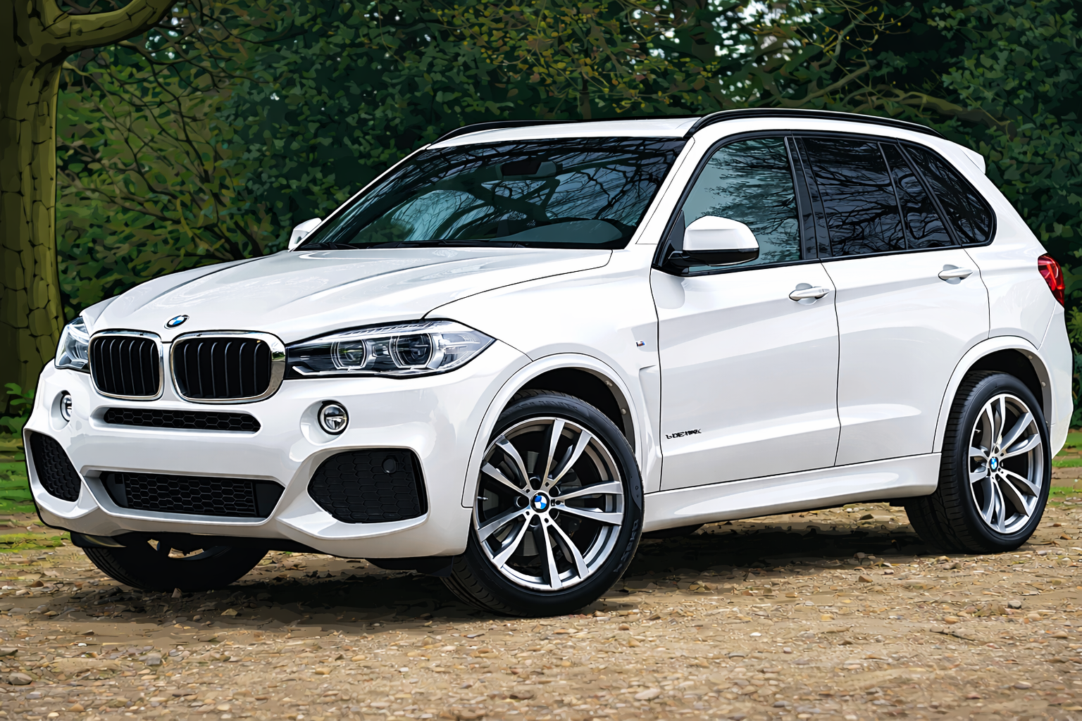 A white BMW X5 luxury SUV parked on a dirt surface with trees in the background.
