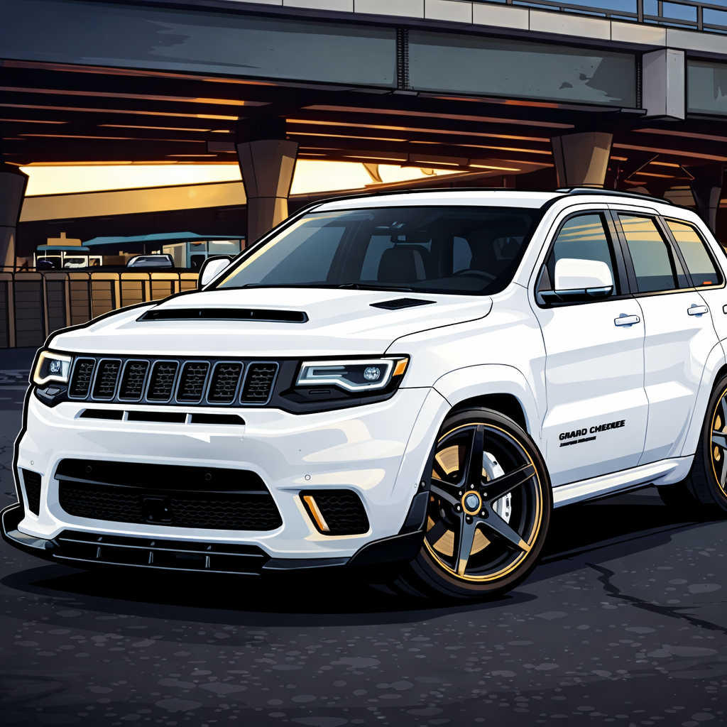 A white Jeep Grand Cherokee parked under a bridge during sunset, featuring black and gold custom wheels.