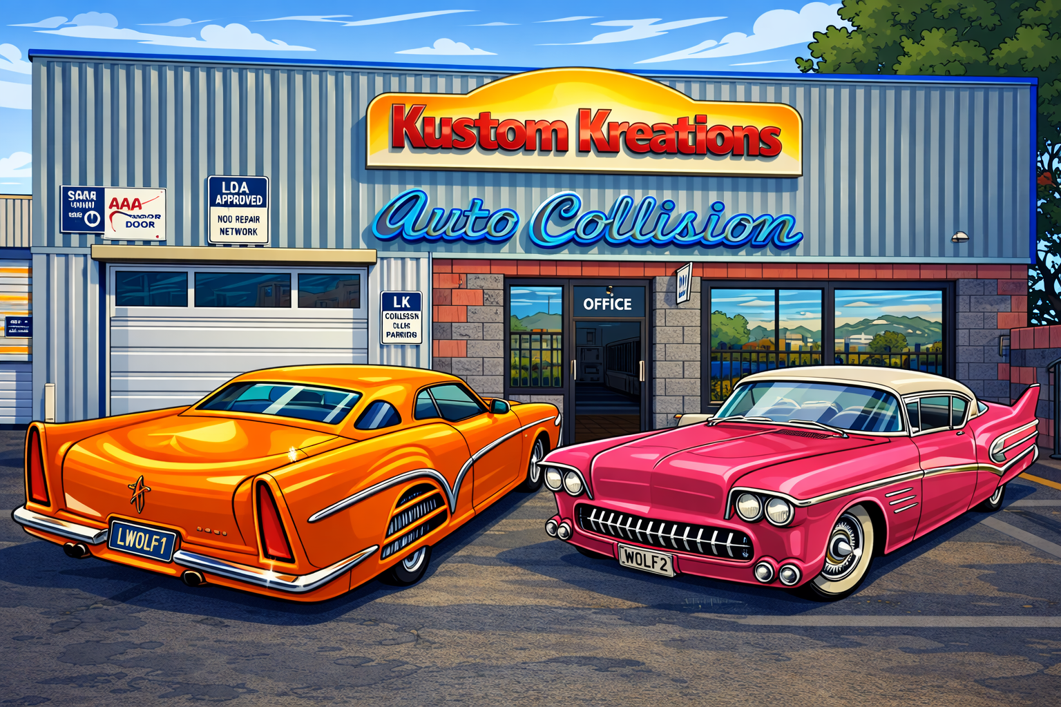 An orange custom car and a pink classic car parked in front of Kustom Kreations Auto Collision shop.