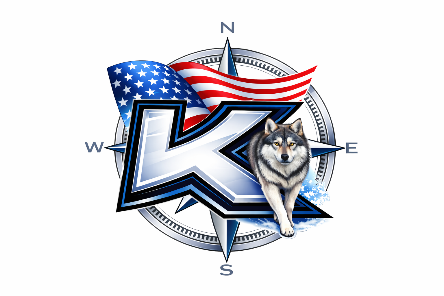 A logo featuring a large, metallic blue letter K, a wolf, an American flag, and a compass rose.