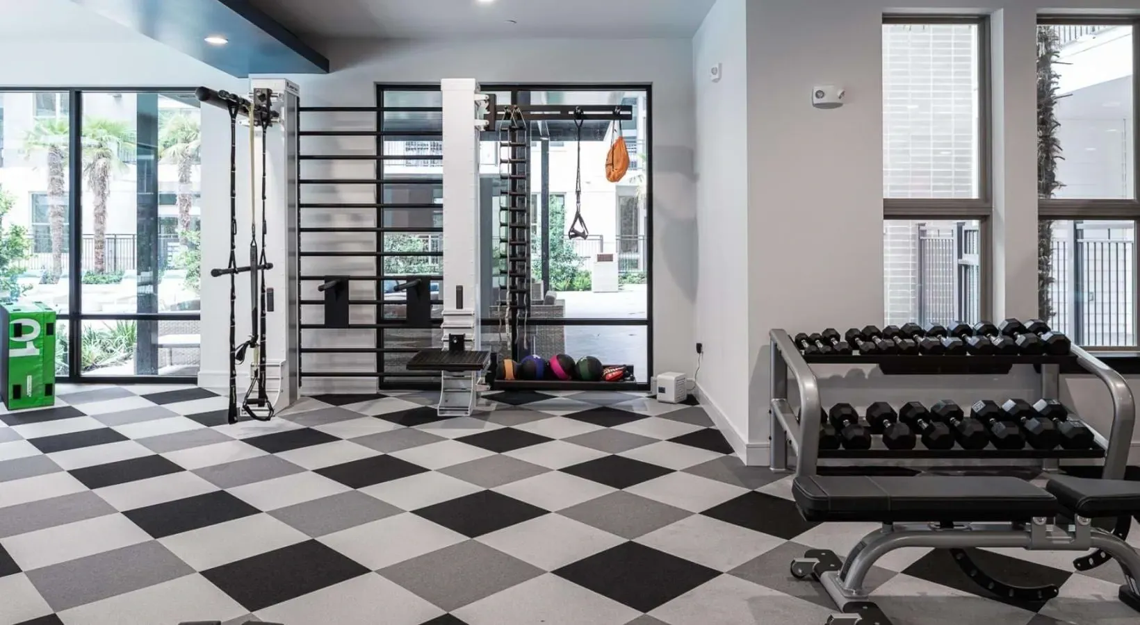 Gym with dumbbells, suspension trainers, and medicine balls.