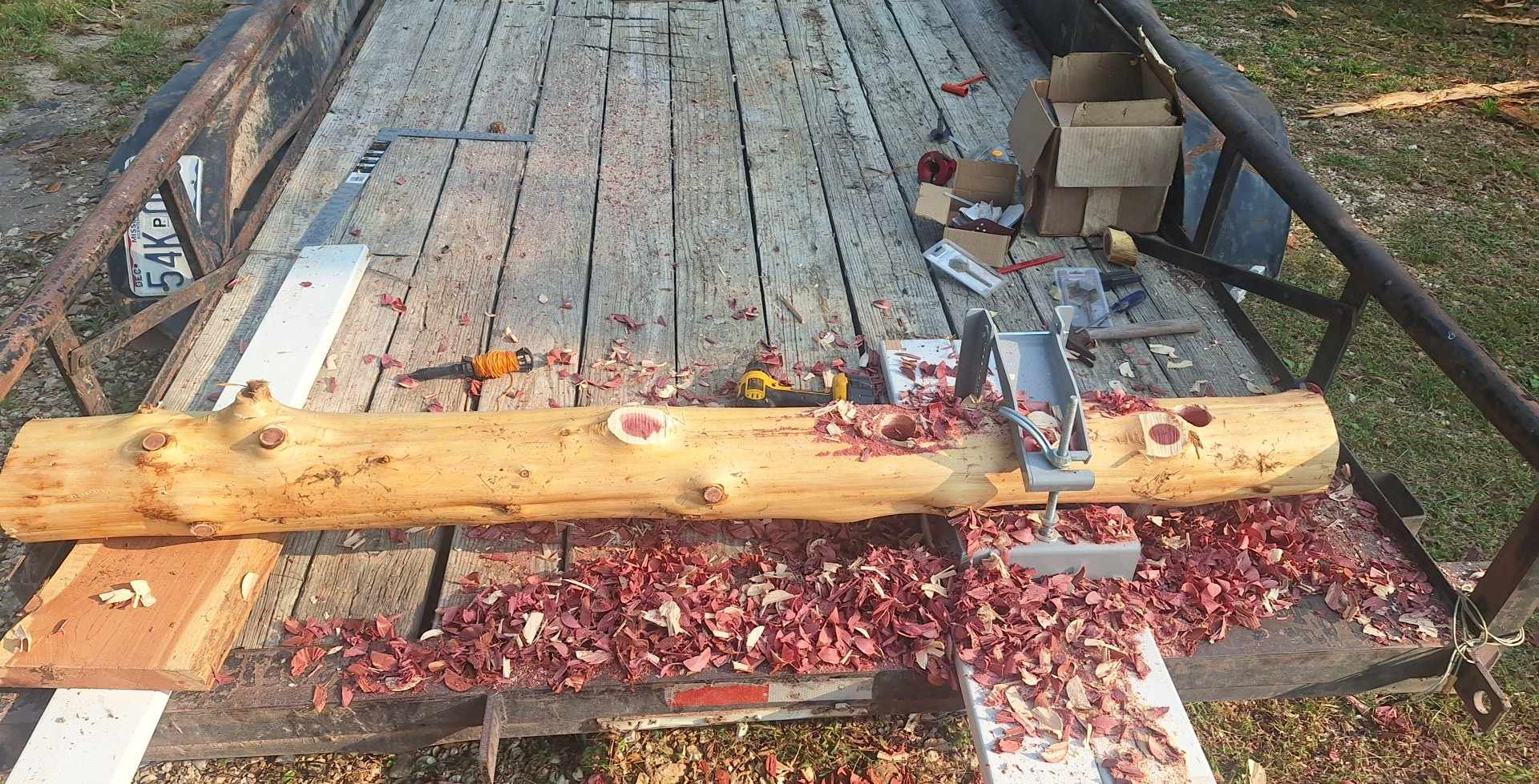 cedar log with holes drilled in