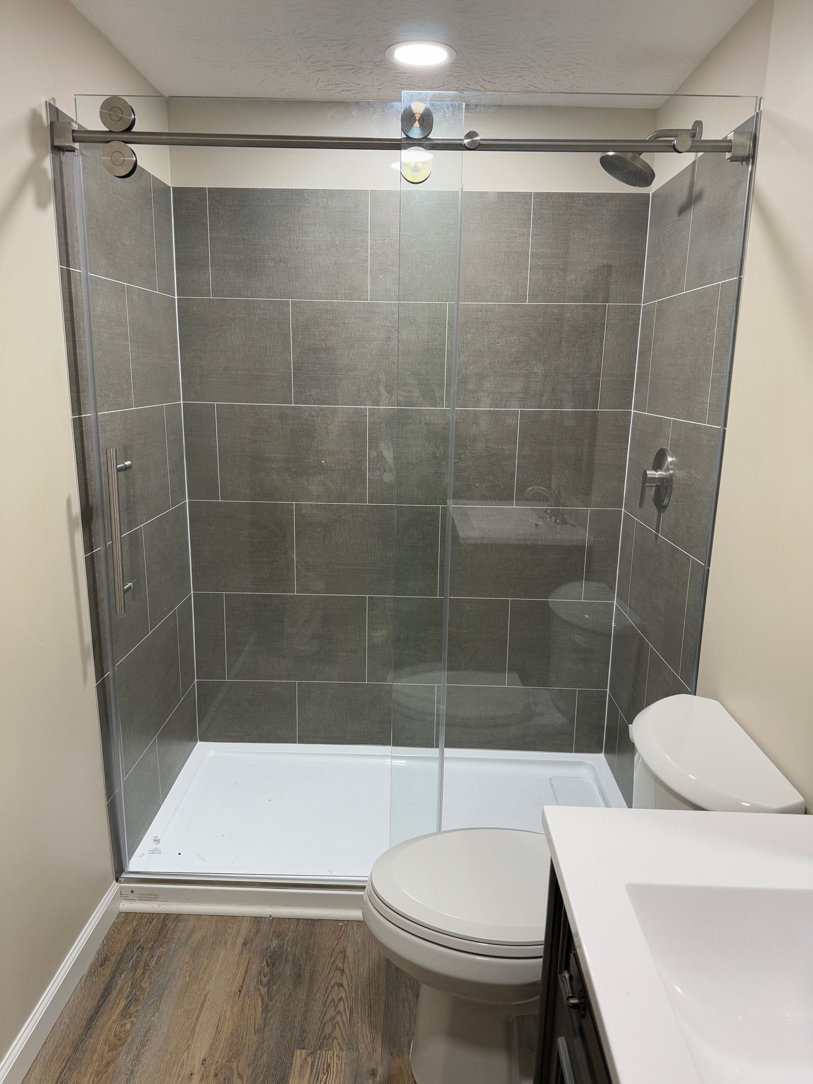 Bathroom with gray tile shower, glass doors, toilet, and vanity with a sink.