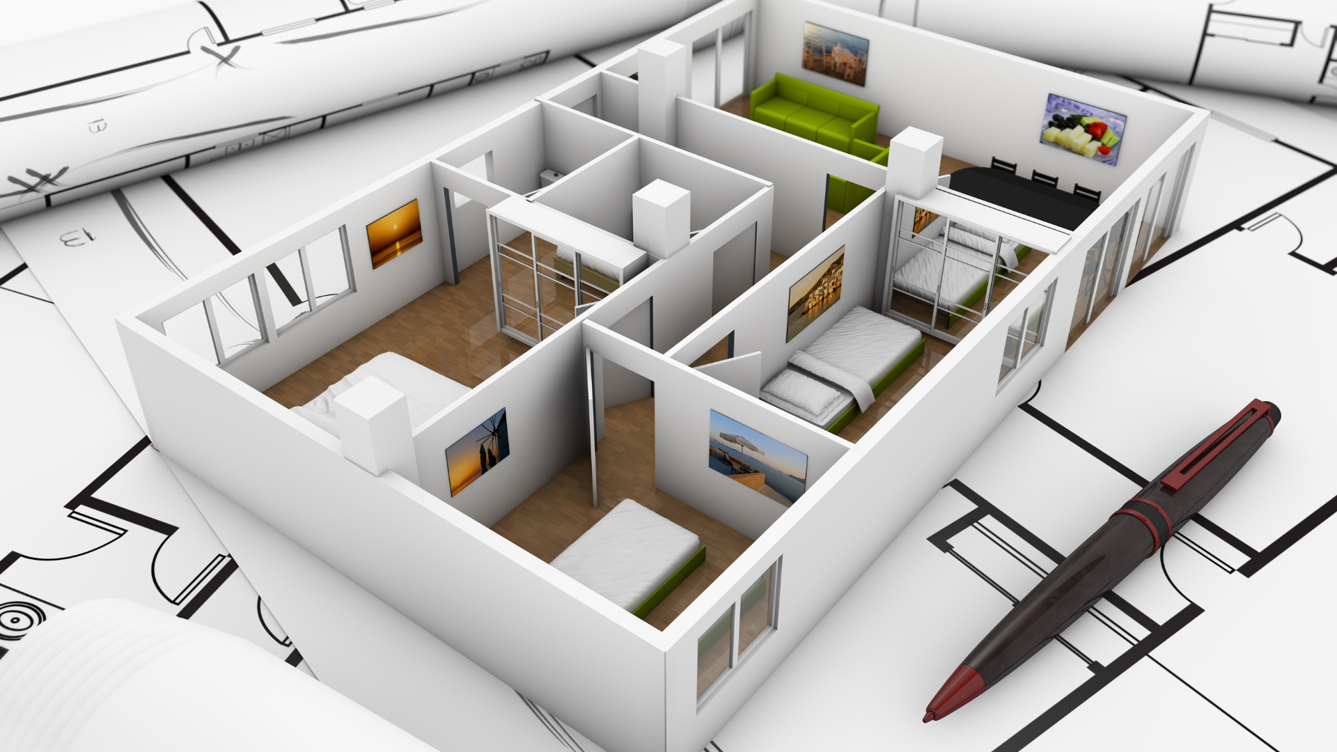 3D model of apartment with furniture displayed over architectural blueprints, a pen on the side.