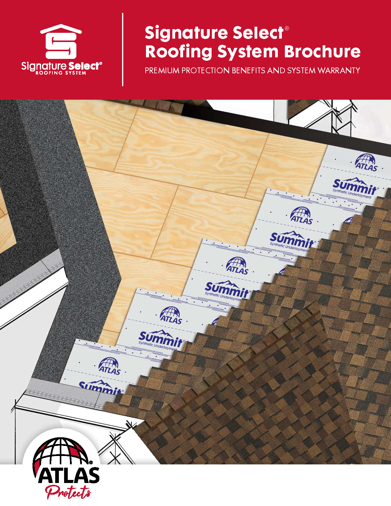 Atlas Signature Select roofing brochure showing layered shingle samples in gray, tan, and brown