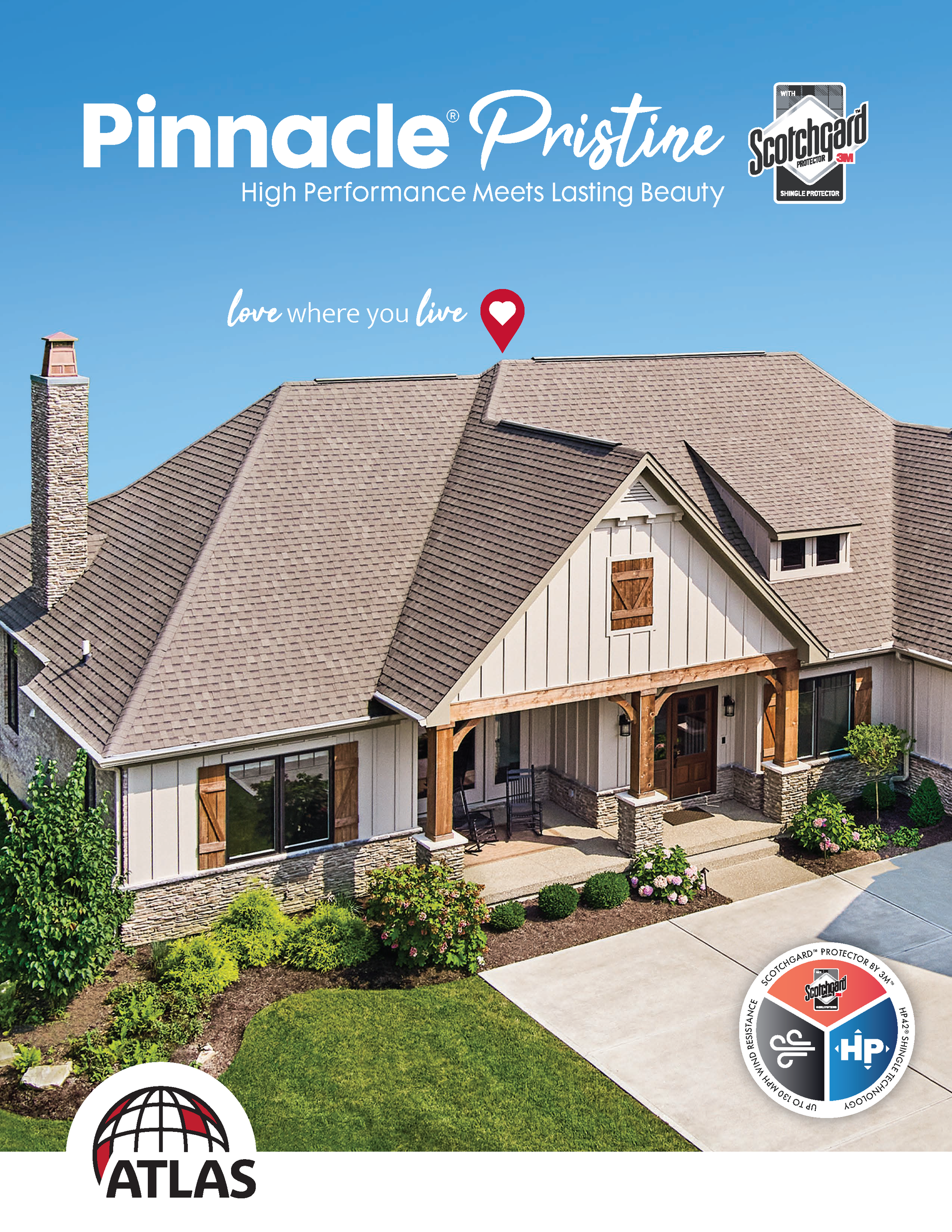 Pinnacle Pristine roofing ad showing a house with a brown shingle roof and ATLAS logo.