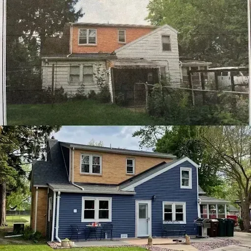 Before-and-after of a blue house renovation, with the upper photo showing the older exterior and the lower photo the updated facade.
